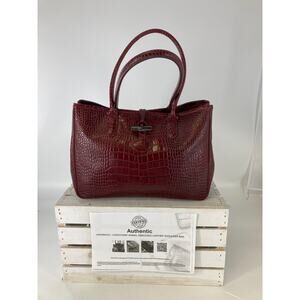 LONGCHAMP LARGE BURGNADY CROC EMBOSSED PRINT SHOULDER BAG